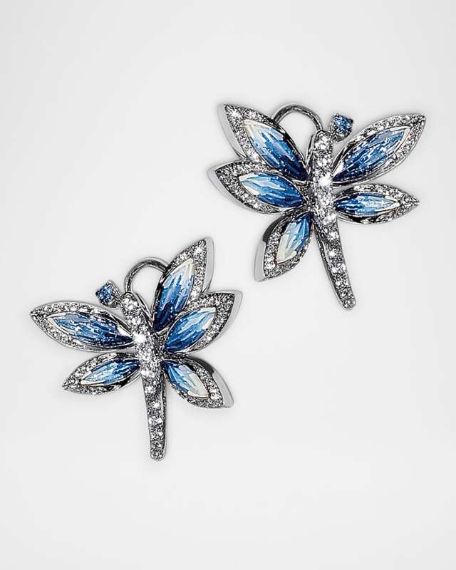 18K White Gold Fantasia Earrings with Micro Mosaic, Diamonds and Blue Sapphires